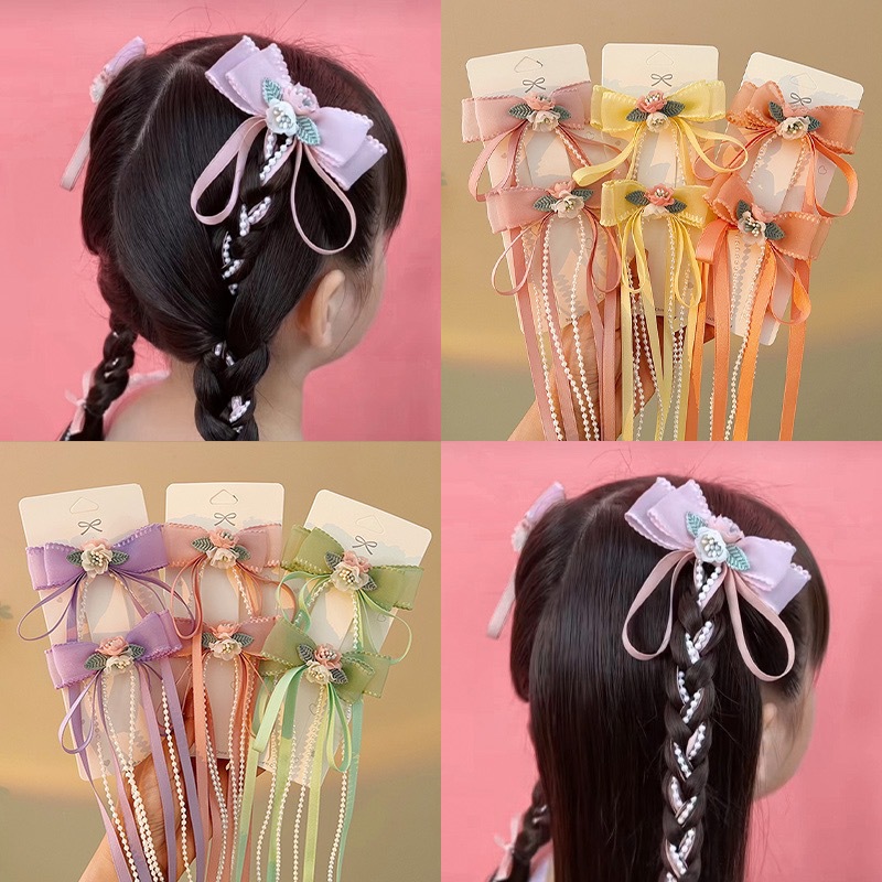 Kids' Hair Clips with Pastoral-Style Artificial Flower Bow and Pearl Tassel Ribbon – Girls' Summer Braided Hair Accessories