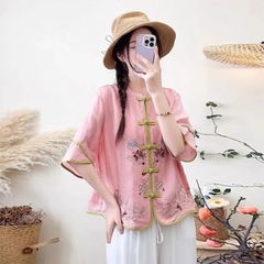 中国式の刺繍の皿は復古の7分の文芸の国風のシャツの綿麻の上着の夏のゆったりしている新型の綿麻のシャツを掛けます。