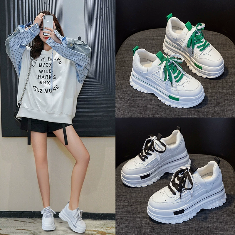 Женские кожаные кроссовки на толстой подошве, новинка 2025 года, модные повседневные дышащие кроссовки на платформе, белые кроссовки.