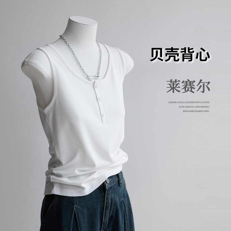 Tencel linen top, Lyocell buttoned vest for women, summer casual outerwear, sleeveless, solid color, simple camisole Tencel linen top, Lyocell buttoned vest for women, summer casual outerwear, sleeveless, solid color, simple camisole
