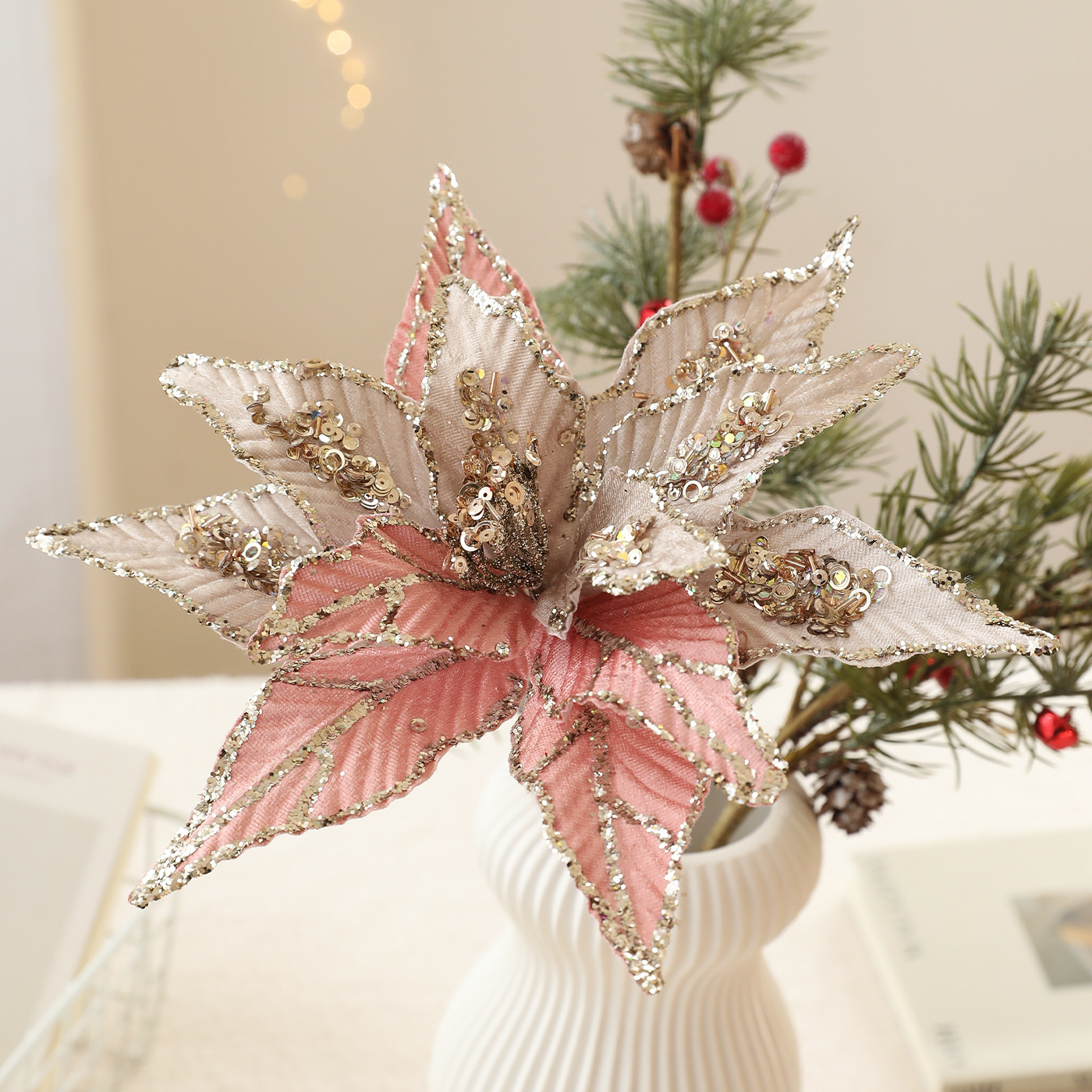 Flores de Navidad de champán rosa decoración de Navidad árbol de Navidad de alta calidad tela de polvo de pegamento flor flor de malla de imitación flores