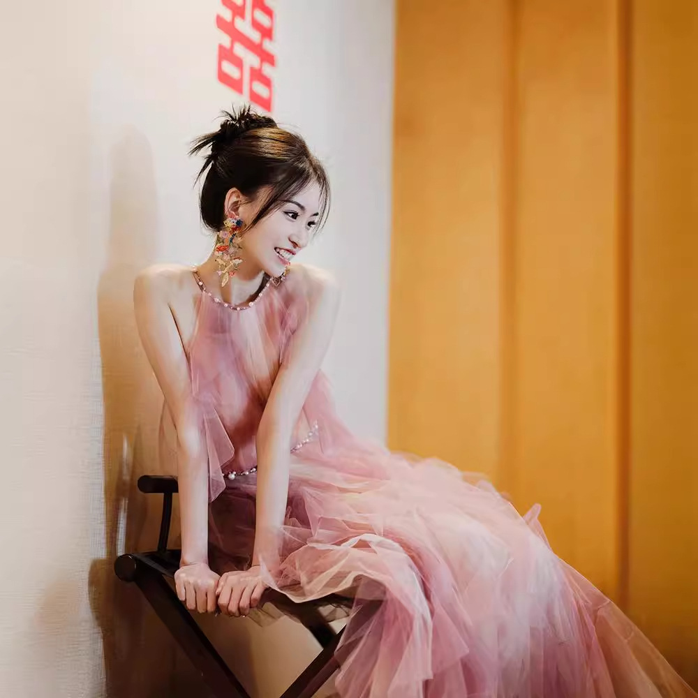 Women's Pink Halter Neck Evening Dress Morning Robe New Arrival 2026 Engagement Party Wear Toasting Dress_ecoleips.com