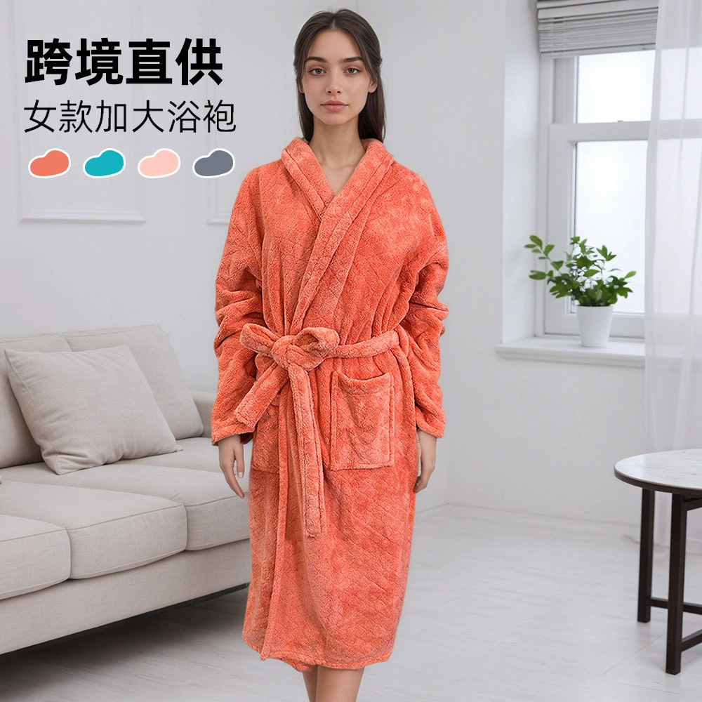跨境女款欧花浴袍加大加厚吸水保暖绑带长袖秋冬居家可穿可裹睡袍