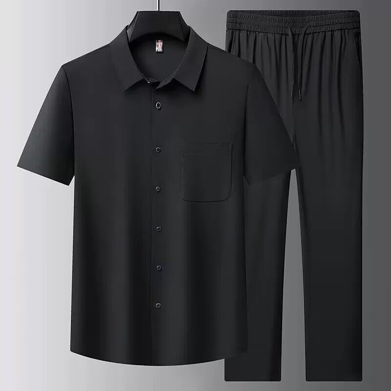 Yunpin летний бесшовный костюм-рубашка из ледяного шелка без железа с короткими рукавами в китайском стиле серый черный темно-синий синель