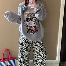 米粒绒睡衣女秋冬季新款加厚保暖珊瑚绒KT猫学生家居服套装可外穿