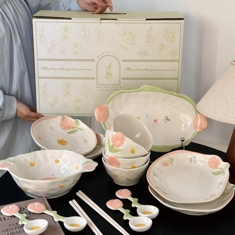 新しいセラミックユージンフラワー食器セット、ボウル、皿、家庭用釉下色新築祝い、結婚祝い、新婚ギフト|undefined