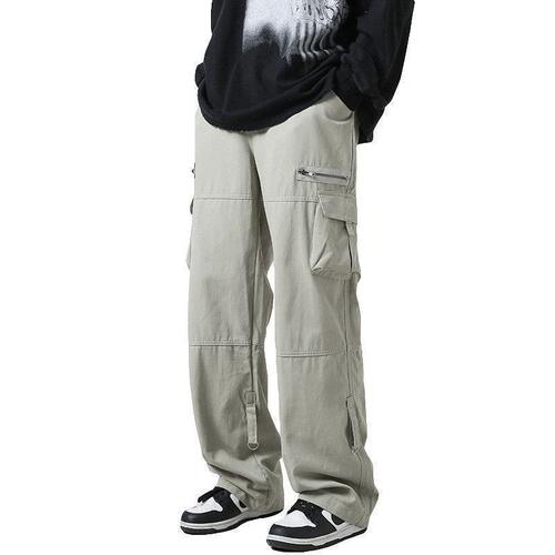 Light Green Multi-Pocket Work Pants for Men, Autumn Japanese Trend Straight Leg Loose Casual Pants, Unique Zipper Floor-Length Pants