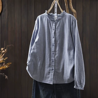 秋装新品 文艺小立领条纹宽松百搭减龄长袖衬衫女打底衫休闲衬衣