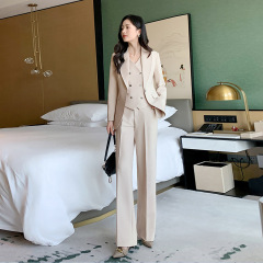 米白色马甲阔腿裤小西装三件套职业正装面试装精品通勤小西服套装