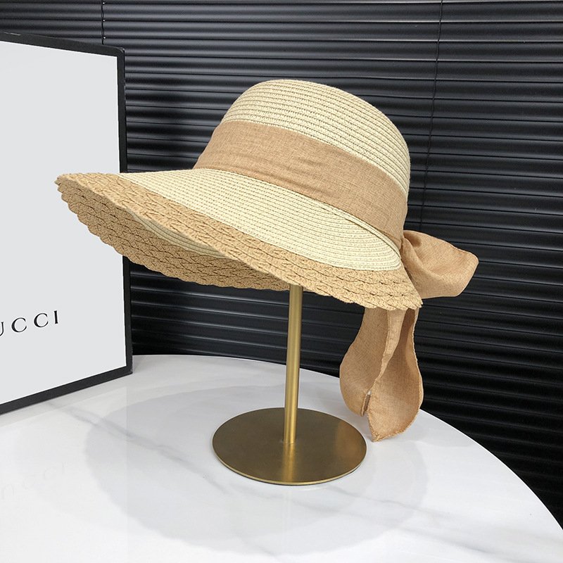 Women's Simple Style Classic Style Color Block Bowknot Flat Eaves Straw Hat display picture 5