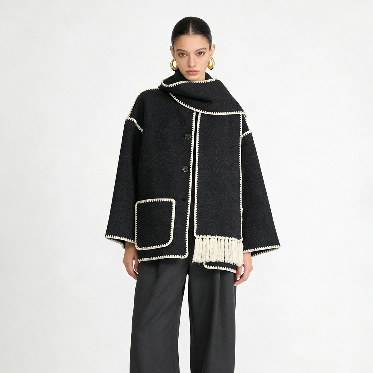 Classic Women's Coat, Spring and Autumn Style, Wool Embroidered, Loose Fit, Drop Shoulder Sleeves, Tassel Scarf, Scarf Collar, Mid-Length Coat