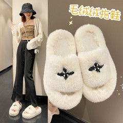 2023外貿毛毛拖鞋女秋冬季新款外穿一字平底保暖厚底露趾拖鞋批發