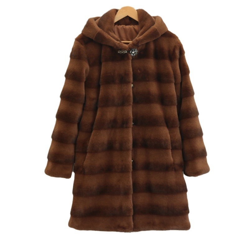 Women's Clothing mink fur coat, mid length hooded coat, fur large size, casual, warm, loose commuting_voghion.com