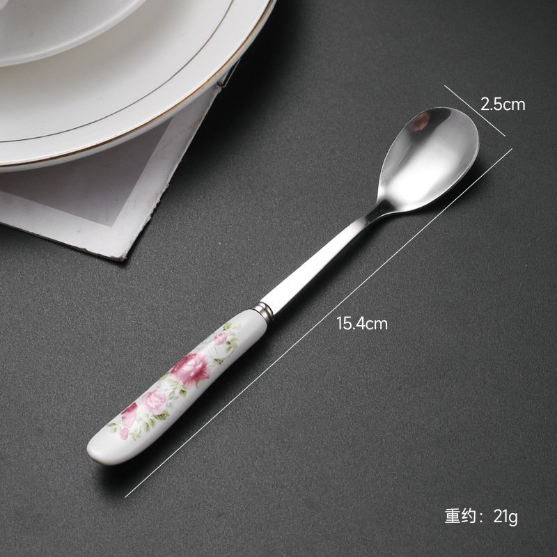 陶瓷多色花纹时尚创意长柄勺子酒店厨房搅拌勺配咖啡杯不绣钢彩釉|undefined