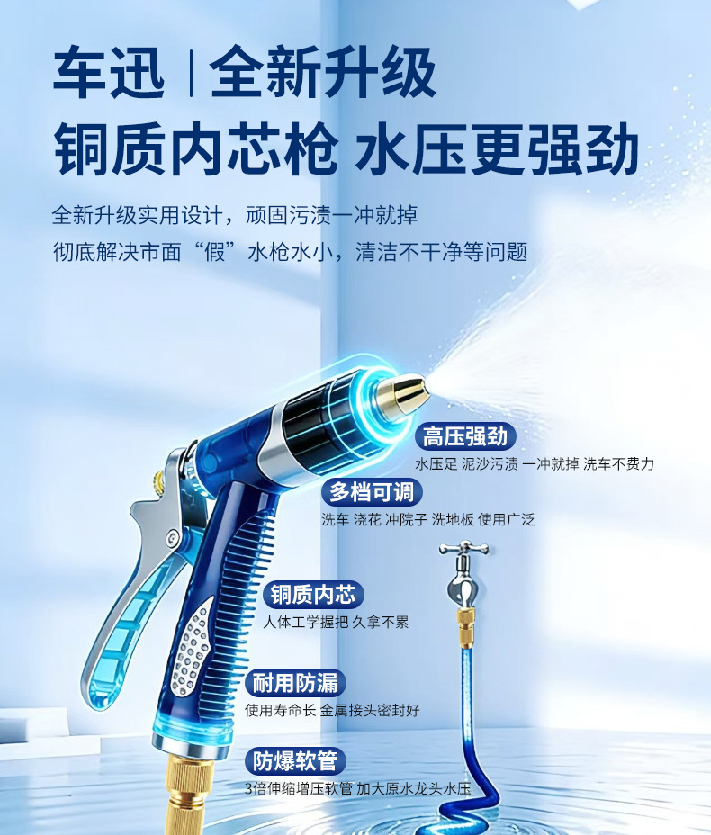 High-Pressure Car Wash Water Gun, Dedicated for Home Use, with Elastic Retractable Hose, Pure Copper, Pressure-Boosting, for Watering Flowers, Washing Floors, and Spraying Water