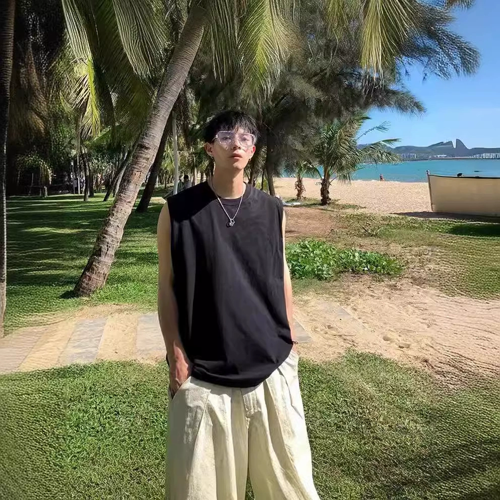 Летний сплошной спортивный жилет мужской свободный отдых фитнес-плечо топ молодежный стиль футболка без рукавов