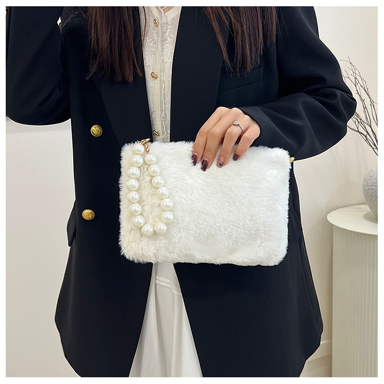 135g Weight Synthetic Leather Lining Material Pearls, Sewing Thread Fashion Element Zipper Closure Type Top Handle Strap Type Handbag Bags Type Casual, Shopping Occasion Plush Material Solid Color Pattern Winter Season Women's Gender Elegant Style Square Shape Women's Plush Solid Color Elegant Pearls Sewing Thread Square Zipper Handbag 5