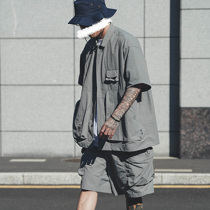 2023 Summer New Color Summer Tooling Short-sleeved Shirt American All-match Style Japanese Style Loose Shirt for Men Trendy