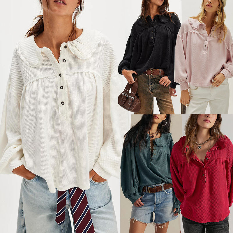 2024 New Style Chic Simple Comfortable All-match Doll Collar Long Sleeve Lace Fashion Design Loose Age-reducing Shirt
