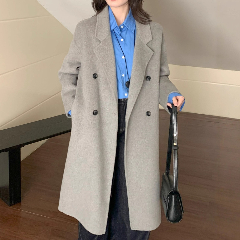 Gray Wool Double-Sided Cashmere Coat for Women, Mid-Length, 2025 New Style, Thickened Woolen Winter Coat for Women