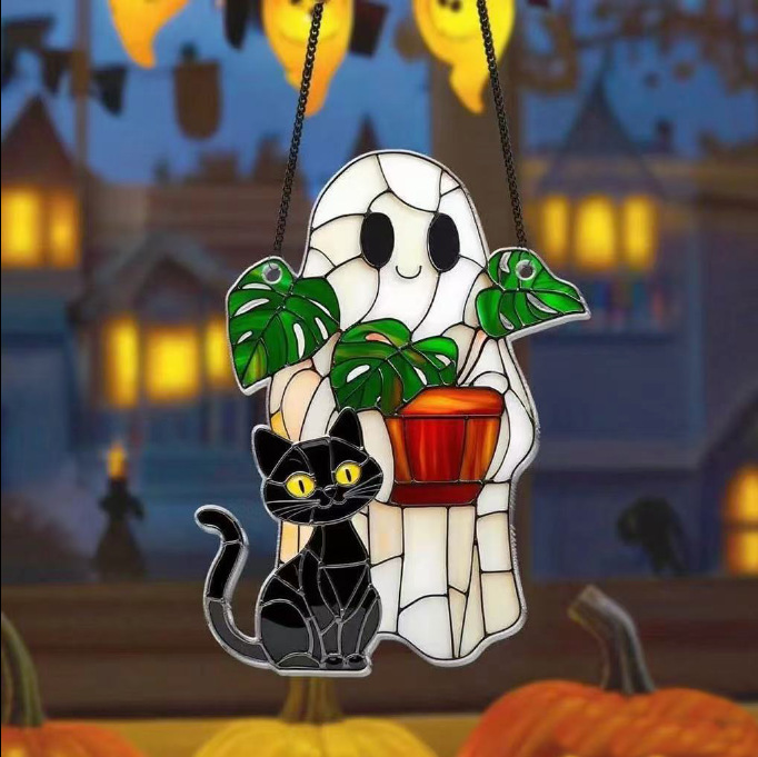 Nuevos productos transfronterizos de Halloween Gatos fantasmas atrapadores de sol pequeños fantasmas 2D plano acrílico colgante de atmósfera de vacaciones