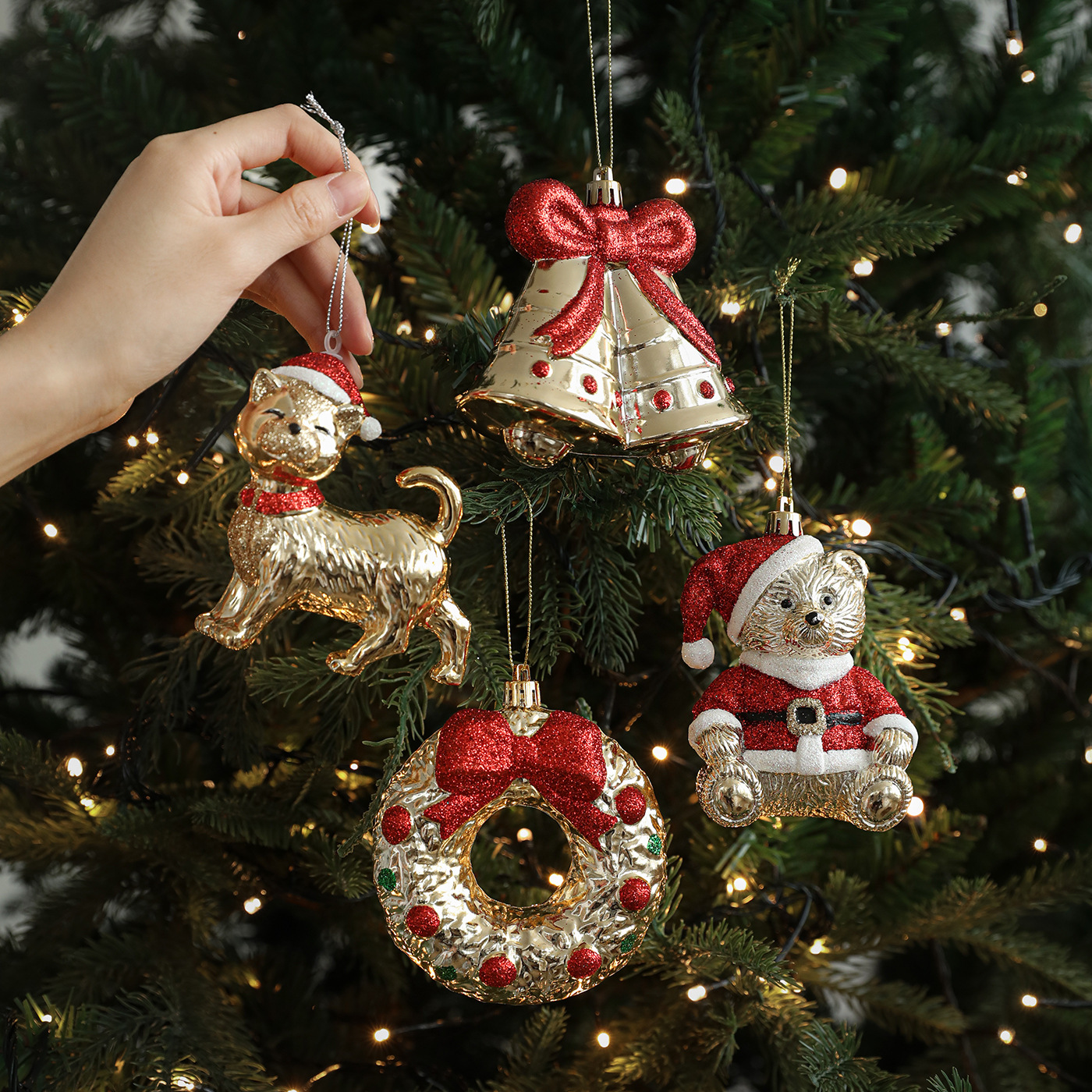 Nuevo producto dorado dorado rojo rosa brillante plástico ins colgante de dibujos animados árbol de Navidad decoración de ventana