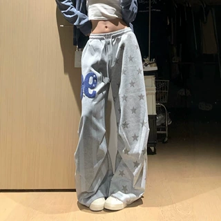 星星印花字母刺绣宽松休闲裤女男夏季新款松紧腰阔腿弯刀拖地卫裤