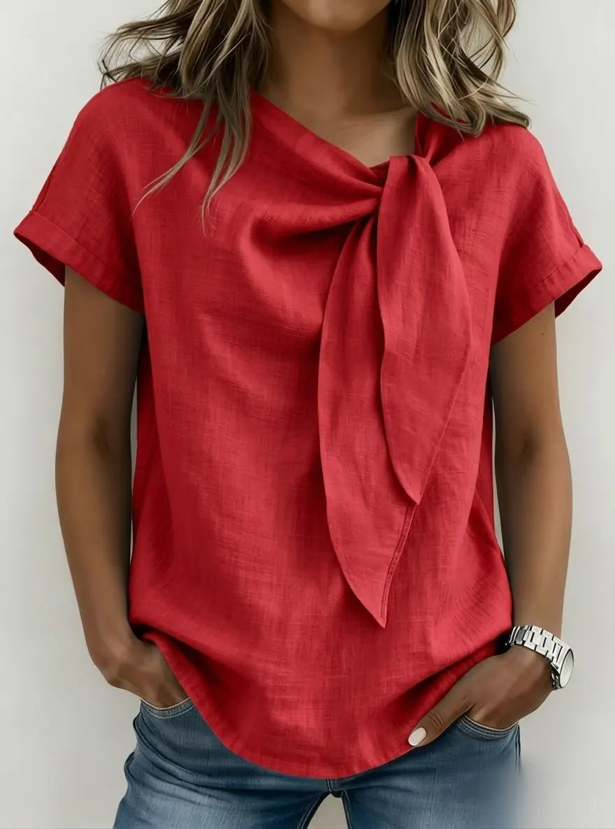 Elegant Women's Cotton Linen Blouse Bow Detail Casual Shirt Comfortable Fashionable Twist Top for Ladies_ecoleips.com