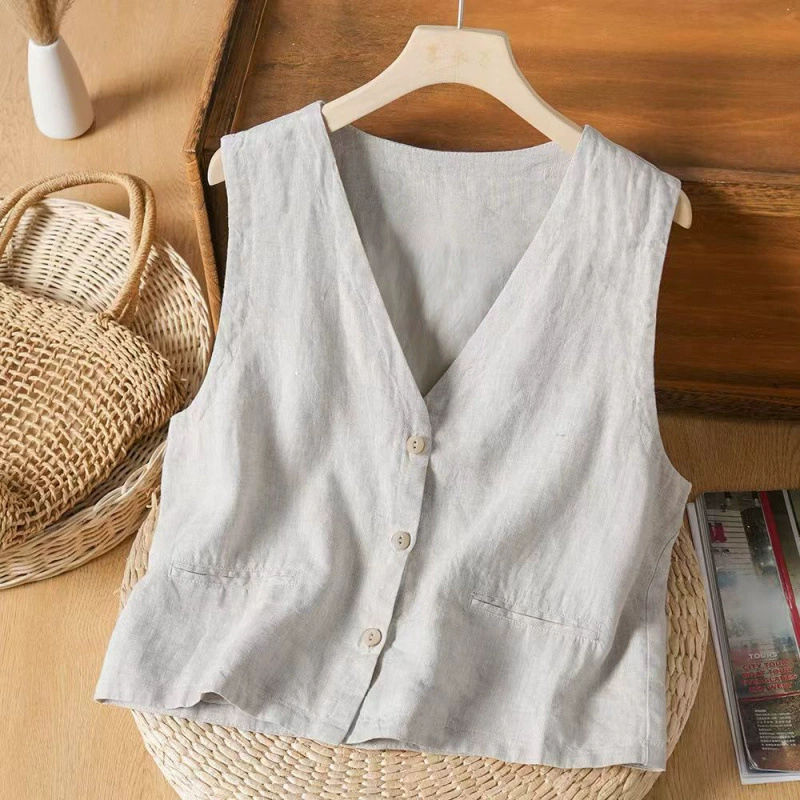 Summer retro solid vest for leisure, cotton and linen