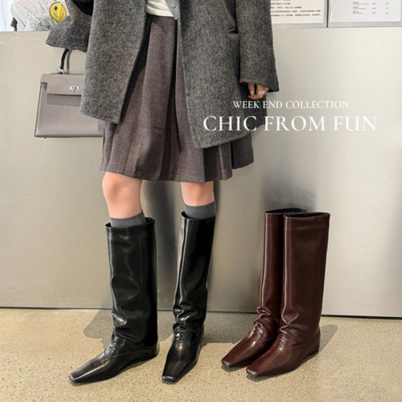 Women's leather knight boots, new straight-leg long boots, pointed toe, low heel, wide shaft, high boots, genuine leather knee-high boots Women's leather knight boots, new straight-leg long boots, pointed toe, low heel, wide shaft, high boots, genuine leather knee-high boots