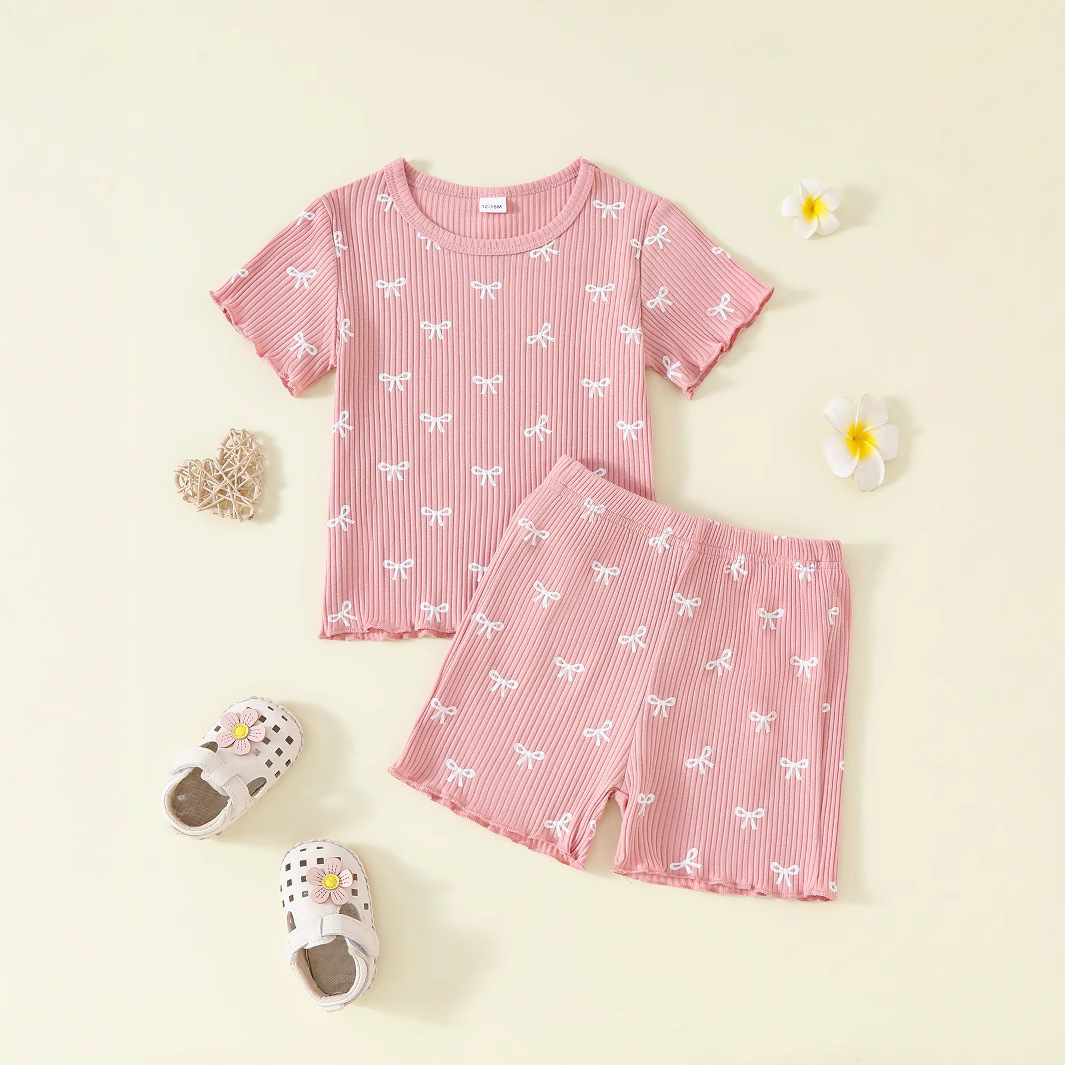 夏款爆款套装多件套组合单T短裤装可爱小蝴蝶结印花图案小女孩简