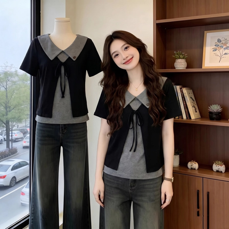 Polo collar faux two-piece short-sleeve t-shirt for women, summer 2026 new design, loose fit, slimming, regular shoulder, color-blocking top
