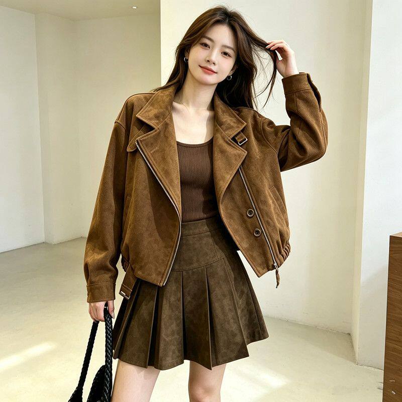 Áo khoác ngắn nữ da lộn dáng rộng khóa kéo, dài tay, cổ bẻ — Màu kaki, Màu nâu cà phê chi tiết 12