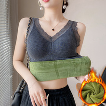 2025保暖加绒吊带背心女加厚蕾丝带胸垫内搭修身上衣打底衫冬