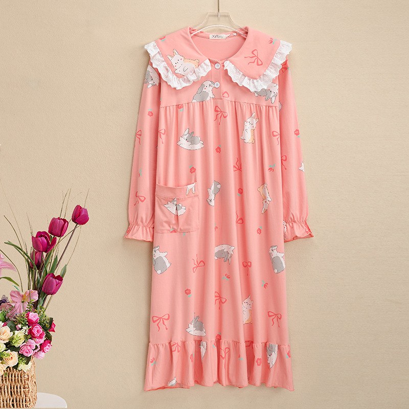 Long-Sleeved Nightgown Women's Spring Autumn and Winter Loose plus size Doll Collar Printed dress Age-Reducing Style Outwear Nightgown Pullover
