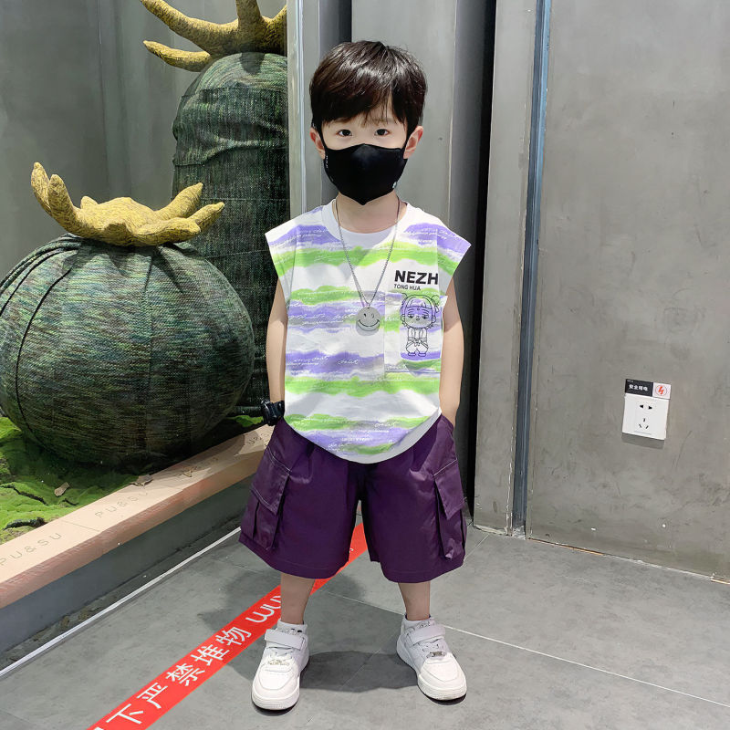 ネザ服男の子サマースーツ子供服新しい子供ベビー夏男の子ストライプノースリーブベスト 2 点セット|undefined