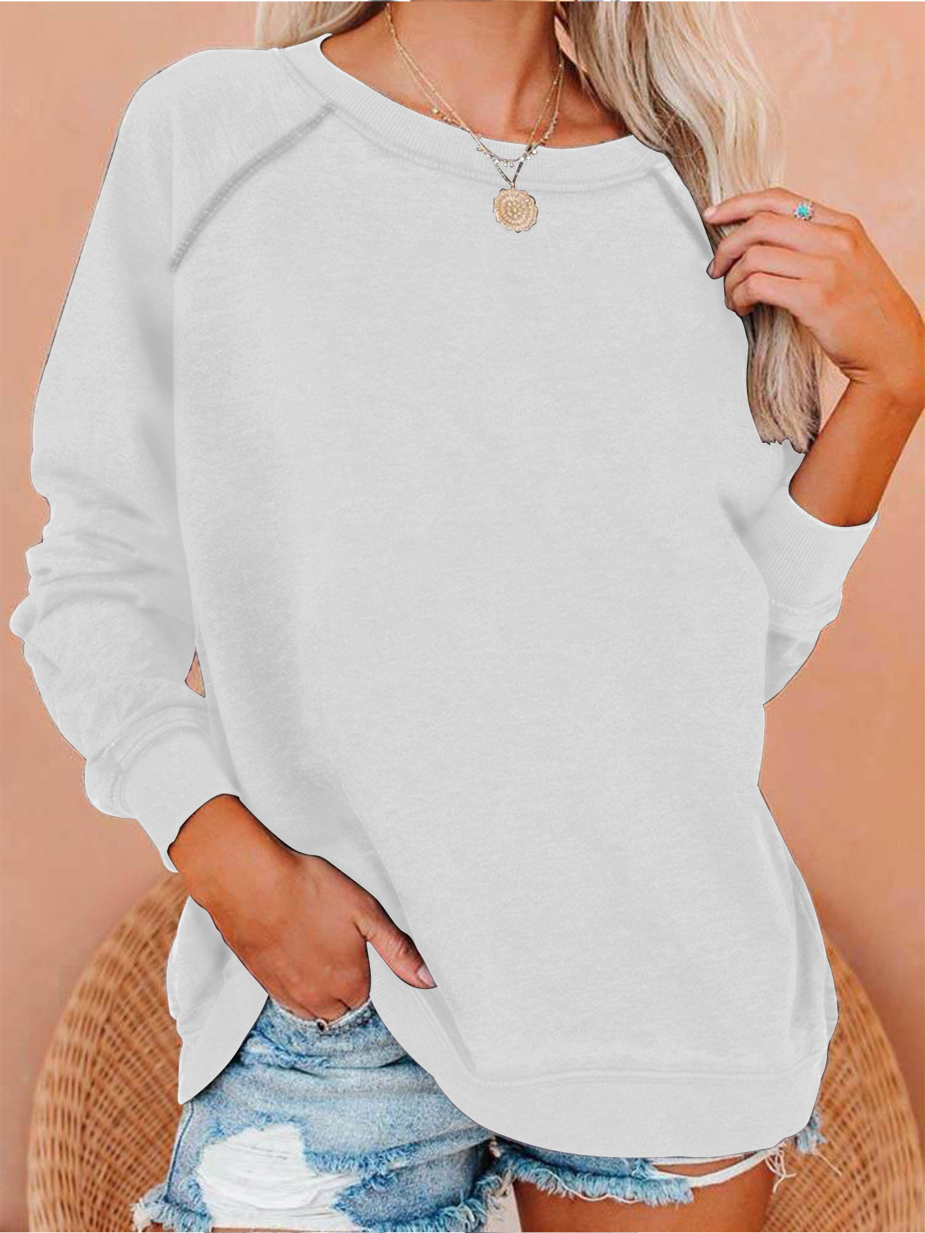 Primavera y otoño Amazon raglán suéter casual europeo y americano suelto de gran tamaño cuello redondo costura mujer manga larga transfronteriza mujer