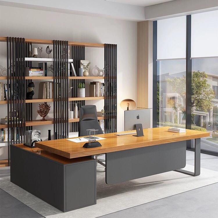 Solid Wood Executive Desk with Side Cabinet, Simple Modern General Manager Office Desk, Furniture Designer Computer Desk