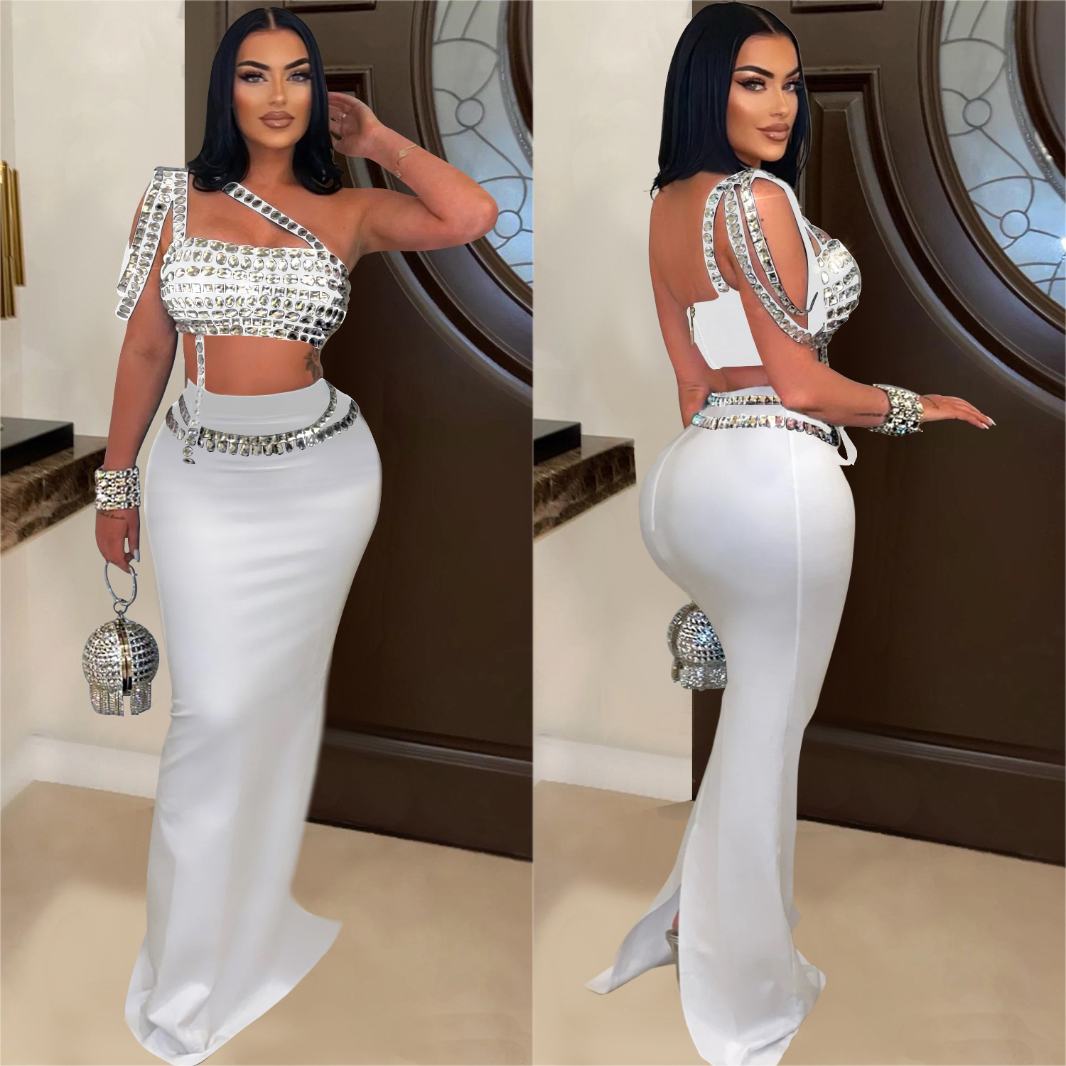 C6972 AliExpress transfronterizo Amazon estación independiente de moda europea y americana ropa de mujer nueva cinturón corta mitad de falda de diamante caliente