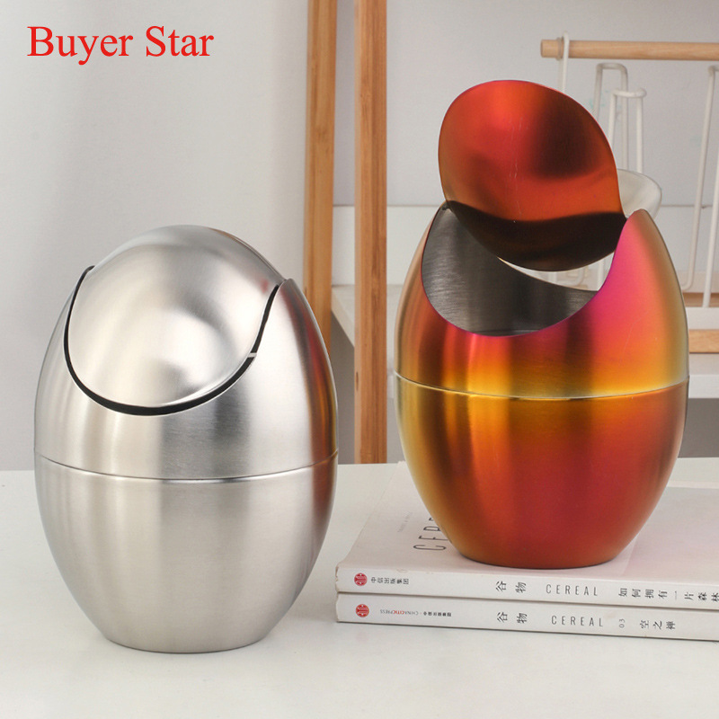 Cross-border new 304 stainless steel trash can small color egg-shaped rocking lid desktop mini office wastebasket