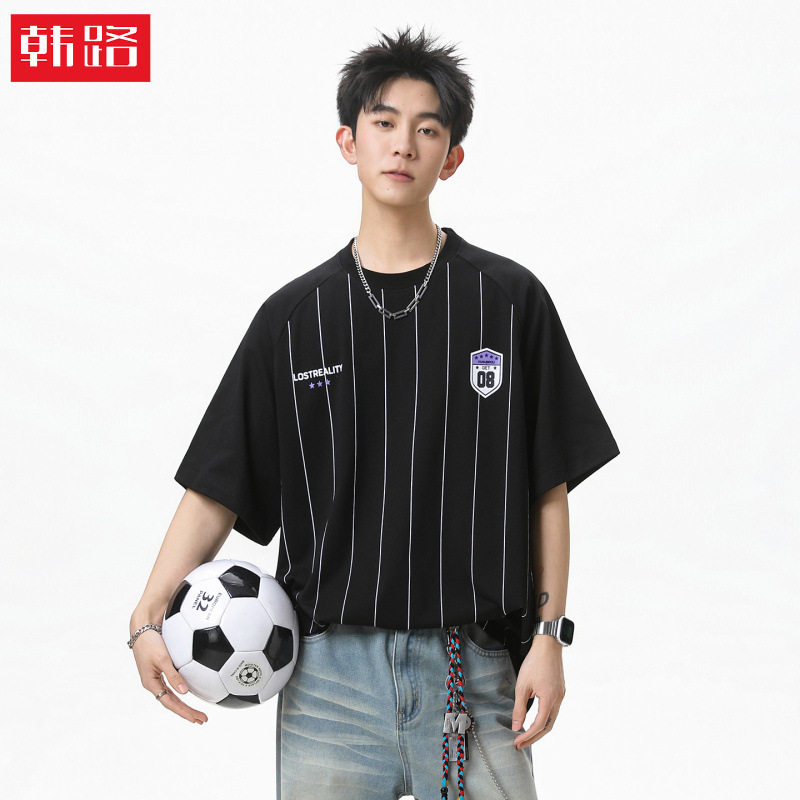 American Retro Printed Short-Sleeved T-Shirt for Men, Summer Style, Contrasting Striped Sports Jersey, Trendy Brand Loose Half-Sleeved T-Shirt Q