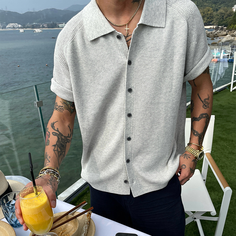 Lao Qian Feng Grey Lar Knitted Cardigan Men's Summer Thin Short-sleeved Shirt High-end Sense Loose Casual Coat Trendy