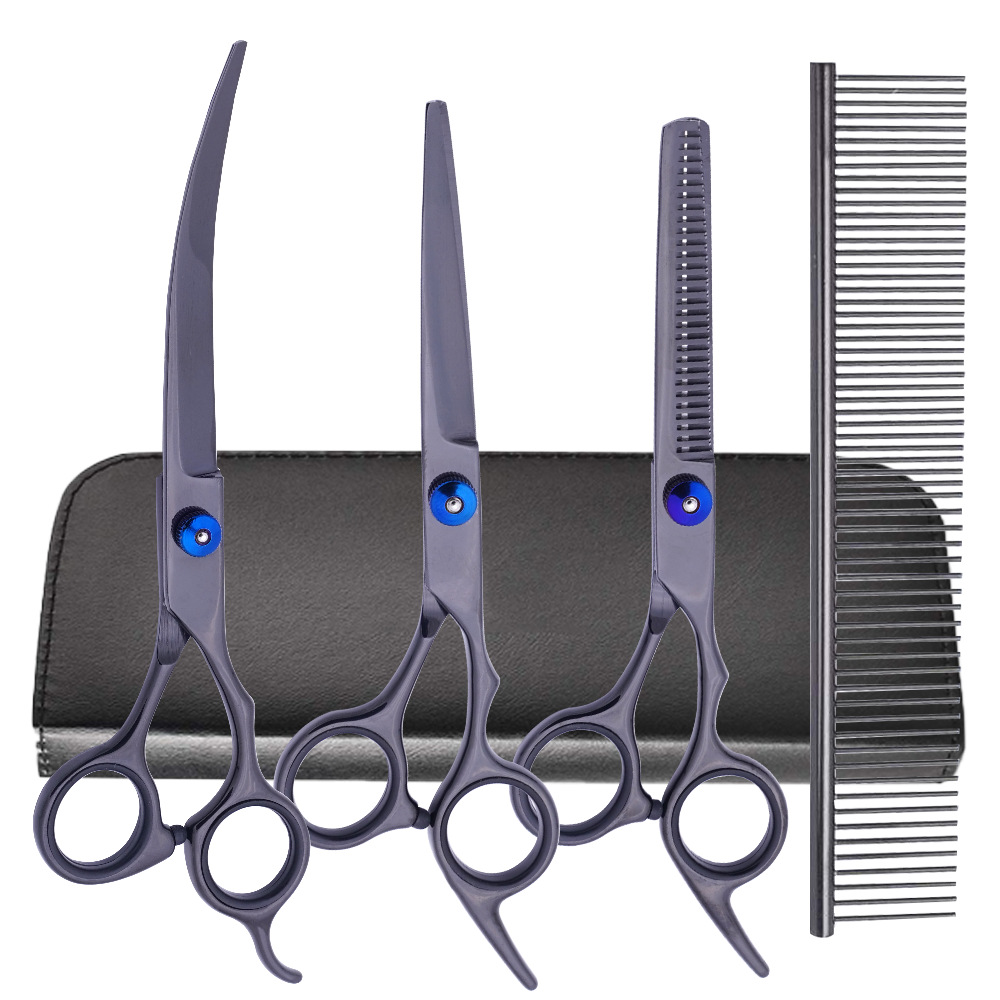 Tijeras de acero inoxidable para mascotas al por mayor de fábrica, tijeras curvas de color de 7 pulgadas, tijeras finas, juego de tijeras de reparación para mascotas