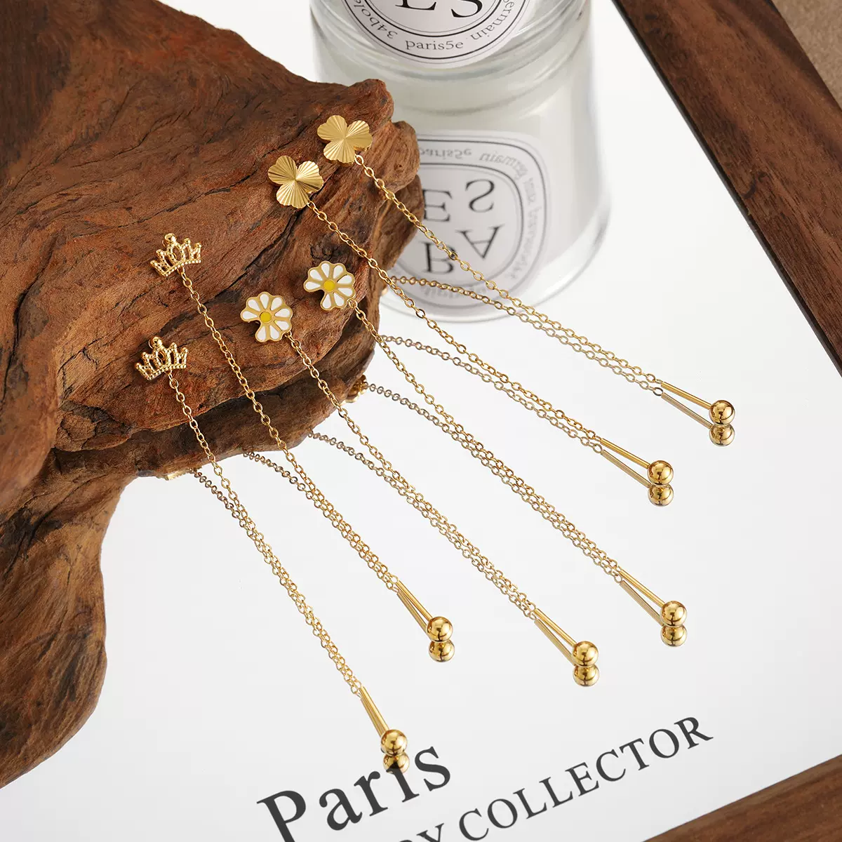 韩式ins风小众设计心形镭射小雏菊皇冠耳线女时尚个性钛钢耳环