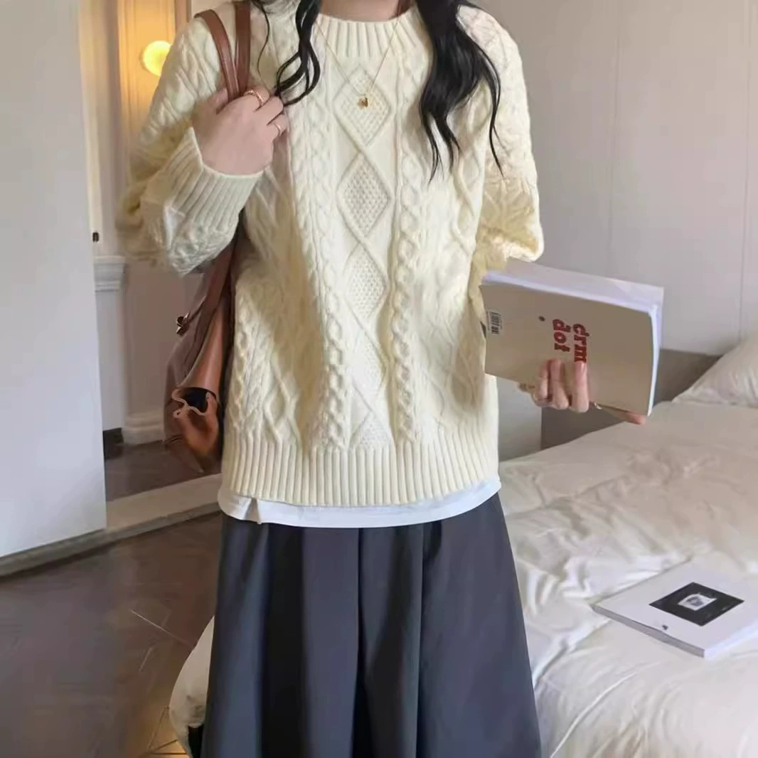 Осенний и зимний новый корейский ленивый свитер женский свободный круглый воротник мягкий клейкий вихревой ретро свитер топ