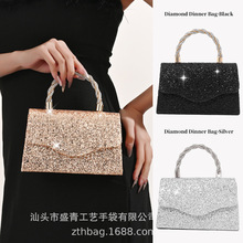 新款跨境亮片法式宴会闪亮小方包仙女水钻手拿包包气质斜挎晚宴包