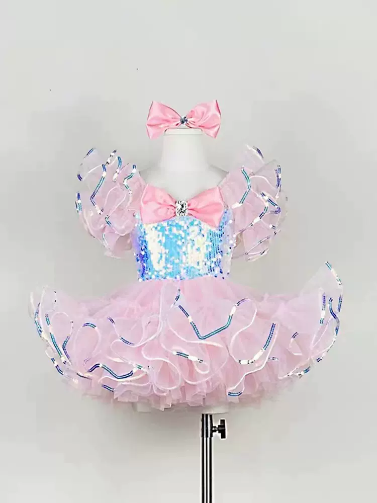 新款儿童亮片舞蹈服女童演出服蓬蓬裙女孩现代舞礼服走秀可爱粉色