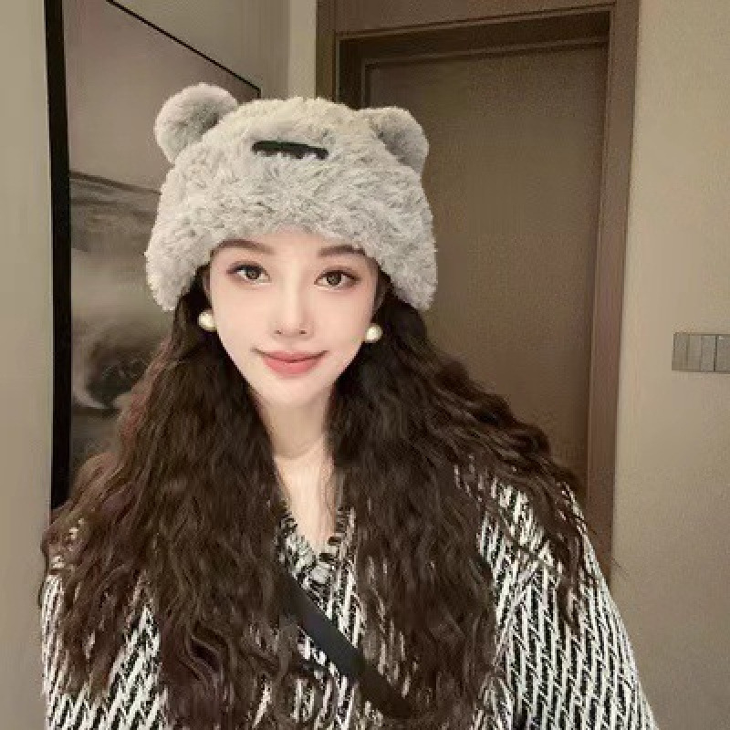 冬季网红新款毛绒女士帽韩版小熊耳朵保暖帽宽松时尚显脸小套头帽|undefined
