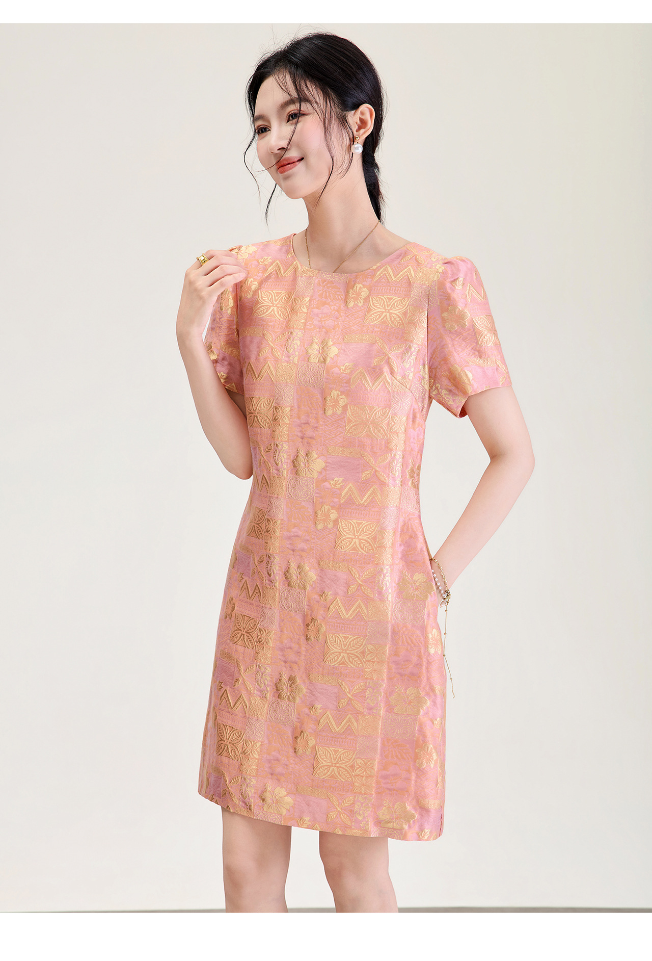 Đầm chữ A nữ jacquard họa tiết hoa nhí phong cách tiểu thư — màu hồng chi tiết 14