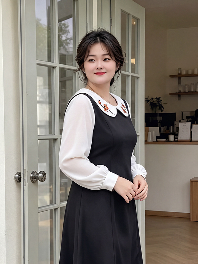60-150kg Plus Size Women's College Style Dress for Spring and Autumn, Loose and Stylish Long-Sleeve Midi Dress for Slightly Plump Women